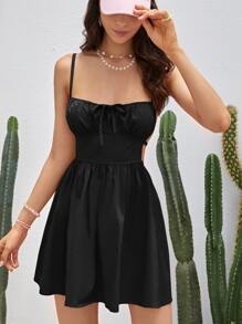 Soleia Đầm Lộ Lưng Thắt nút Buộc lại Nếp gấp Phần Ngực màu trơn Boho - màu đen - Xem 2