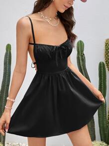 Soleia Đầm Lộ Lưng Thắt nút Buộc lại Nếp gấp Phần Ngực màu trơn Boho - màu đen - Xem 3