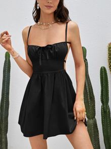 Soleia Đầm Lộ Lưng Thắt nút Buộc lại Nếp gấp Phần Ngực màu trơn Boho - màu đen - Xem 4