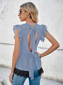 SHEIN LUNE 拼接水溶蕾絲後綁帶襯衫 - 藍色 - 查看 1