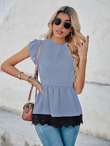 SHEIN LUNE 拼接水溶蕾絲後綁帶襯衫 - 藍色 - 查看 5