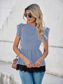 SHEIN LUNE 拼接水溶蕾絲後綁帶襯衫 - 藍色 - 查看 6