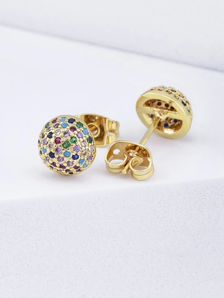 1 Pair Colorful Zirconia 18k Gold Plated Copper Half-Circle Stud Earrings, Luxury Jewelry Gift For Girlfriend, Minimalist Design