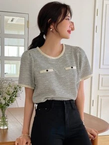 DAZY Áo thun có dây buộc tương phản chi tiết nút - Nhiều màu - Xem 6