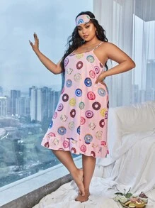 Plus Donut Print Ruffle Hem Cami Nightdress With Eye Cover - Baby Pink - View 3