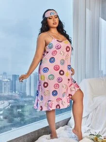 Plus Donut Print Ruffle Hem Cami Nightdress With Eye Cover - Baby Pink - View 4