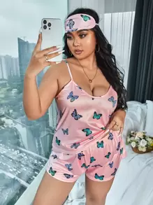 Plus Satin Butterfly Print Pyjama Set With Eye Cover - Baby Pink - View 1