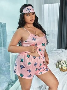 Plus Satin Butterfly Print Pyjama Set With Eye Cover - Baby Pink - View 3