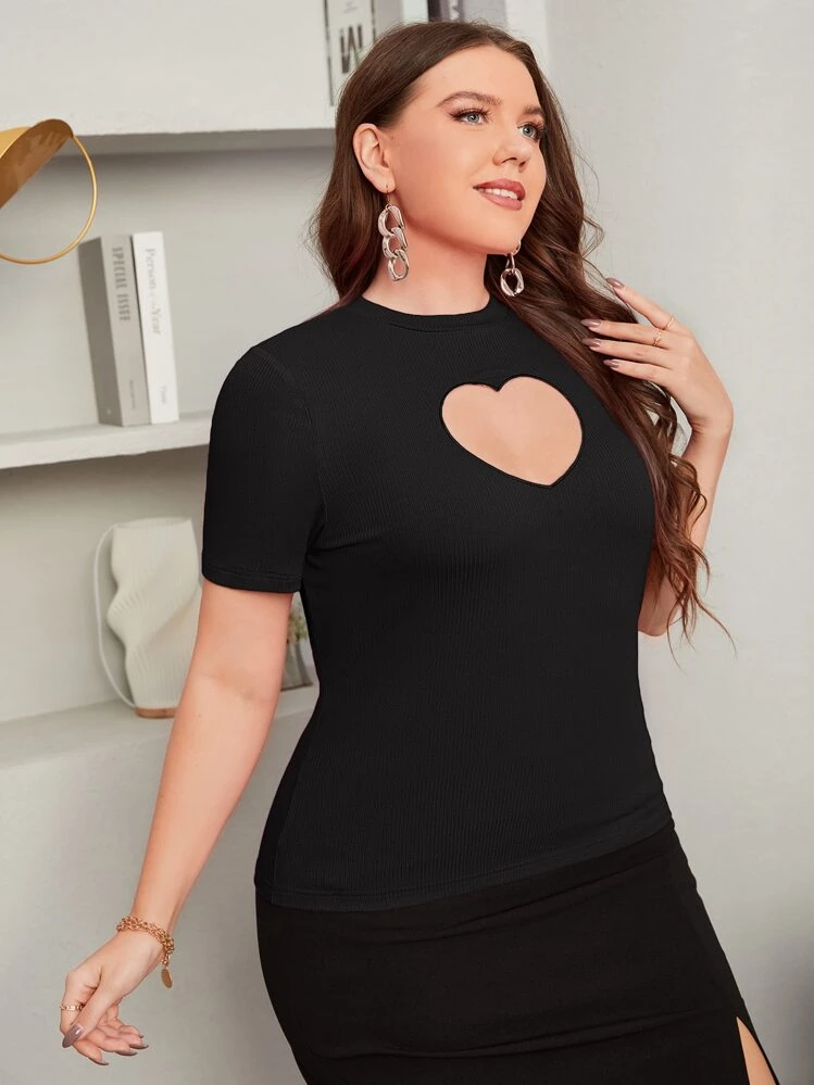 SHEIN Privé גזור צלעות-סרוג פשוט סקסי טישרט במידה גדולה - שחור - ראה 6
