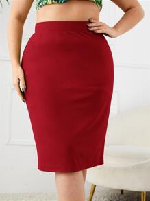 SHEIN Privé Plus High Waist Slit Back Skirt Spring To Summer - Burgundy - View 4