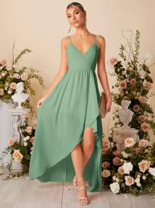 SHEIN Solid Wrap Bridesmaid Dress - Mint Green - View 1
