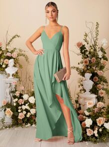 SHEIN Solid Wrap Bridesmaid Dress - Mint Green - View 4