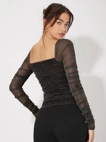 Firerie Mesh Panel Ruched Glitter Top - Black - View 2