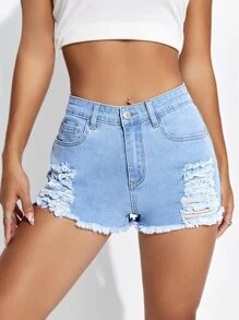 Shorts en mezclilla desgarro ribete sin dobladillo - Lavado ligero - Ver 4
