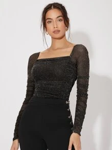 Firerie Mesh Panel Ruched Glitter Top - Black - View 3