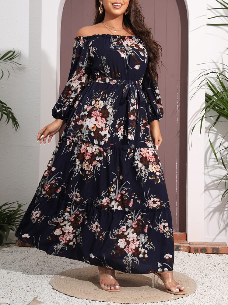 Mulvari 大碼印花一字肩燈籠袖荷葉邊繫腰帶洋裝 - 藏蓝色 - 查看 1