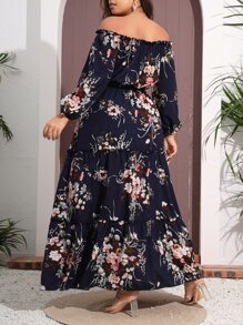 Mulvari Plus Floral Print Off Shoulder Bishop Sleeve Ruffle Hem Belted Dress - Navy Blue - View 2