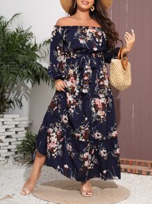Mulvari Plus Floral Print Off Shoulder Bishop Sleeve Ruffle Hem Belted Dress - Navy Blue - View 3