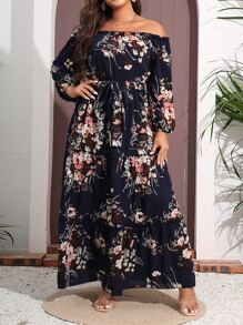 Mulvari Plus Floral Print Off Shoulder Bishop Sleeve Ruffle Hem Belted Dress - Navy Blue - View 4