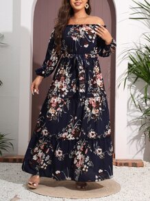 Mulvari Plus Floral Print Off Shoulder Bishop Sleeve Ruffle Hem Belted Dress - Navy Blue - View 6