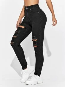 Women Jeans Tombol Memotong Kantong Ripped Zip Plain - Hitam - View 1