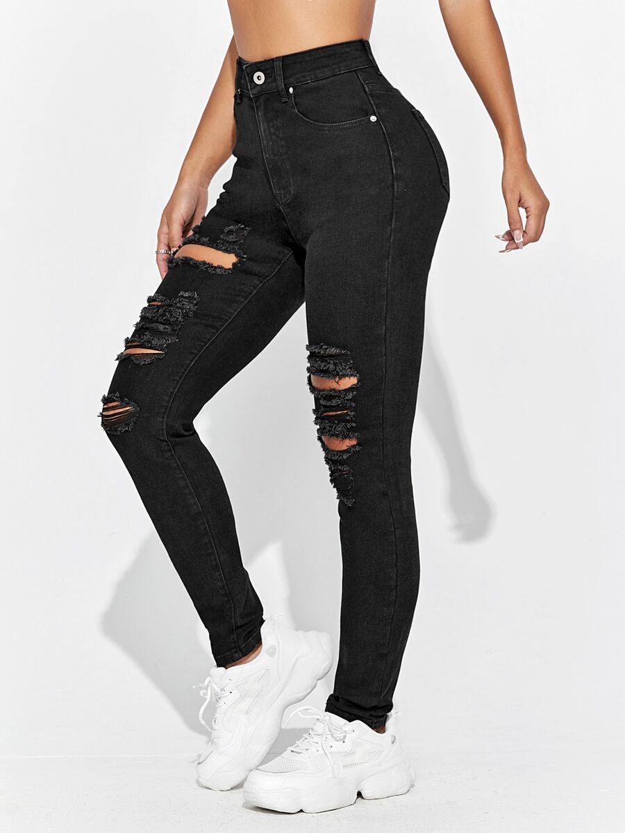 Women Jeans Tombol Memotong Kantong Ripped Zip Plain - Hitam - View 1