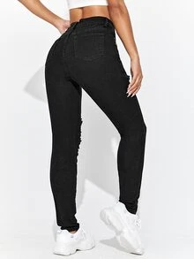 Women Jeans Tombol Memotong Kantong Ripped Zip Plain - Hitam - View 2