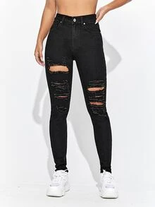 Women Jeans Tombol Memotong Kantong Ripped Zip Plain - Hitam - View 4