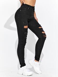 Women Jeans Tombol Memotong Kantong Ripped Zip Plain - Hitam - View 5