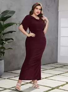 Modelyn 大碼褶邊下擺開叉連衣裙 - 酒紅色 - 查看 3