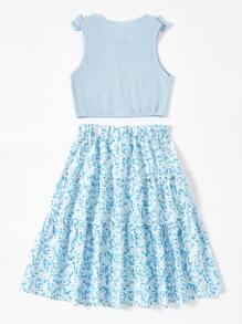 SHEIN 青少女蝴蝶結拼接上衣和花朵短裙 - 淺藍色 - 查看 2