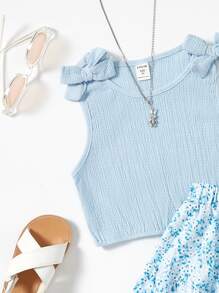 SHEIN 青少女蝴蝶結拼接上衣和花朵短裙 - 淺藍色 - 查看 3
