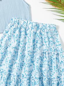 SHEIN 青少女蝴蝶結拼接上衣和花朵短裙 - 淺藍色 - 查看 5