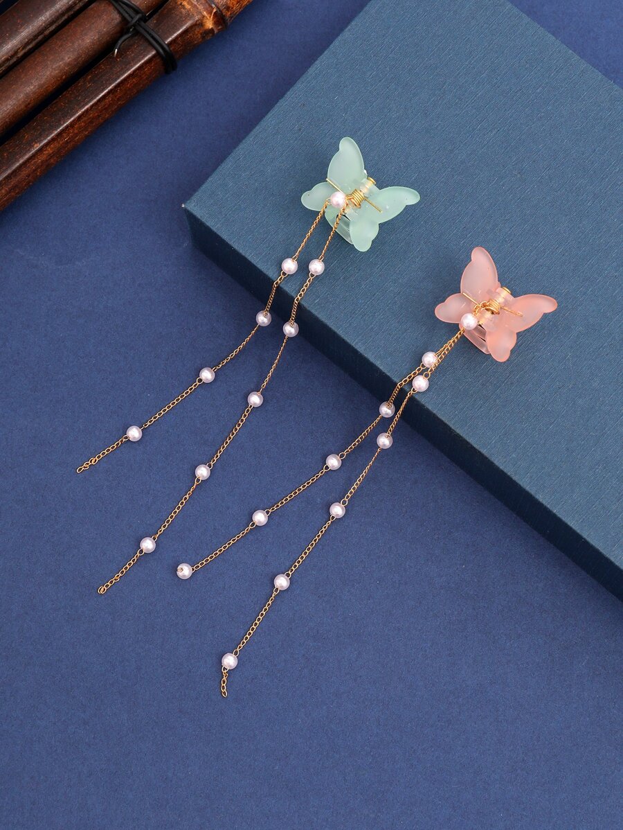 2pcs Faux Pearl Charm Butterfly Design Hair Claw - Multicolor - View 1