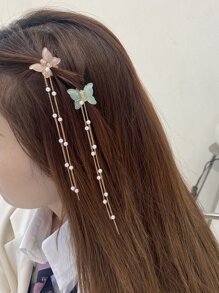 2pcs Faux Pearl Charm Butterfly Design Hair Claw - Multicolor - View 4