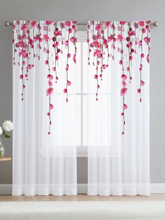 1pc Peach Blossom Organza Christmas Decor Curtain, Christmas Balloon, Pine Branch, Snowflake Decor, Suitable For Bedroom, Living Room, Kitchen, Outdoor Decoration