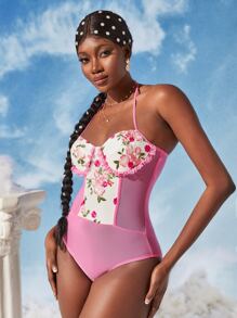 SHEINNeu 花卉刺繡蕾絲拼接後背繫帶網紗繞頸緊身連體衣 - 彩色 - 查看 1