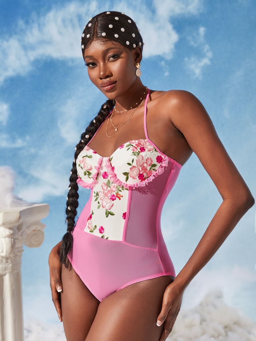 SHEINNeu 花卉刺繡蕾絲拼接後背繫帶網紗繞頸緊身連體衣 - 彩色 - 查看 1