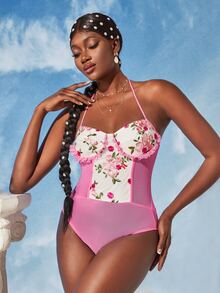 SHEINNeu 花卉刺繡蕾絲拼接後背繫帶網紗繞頸緊身連體衣 - 彩色 - 查看 4