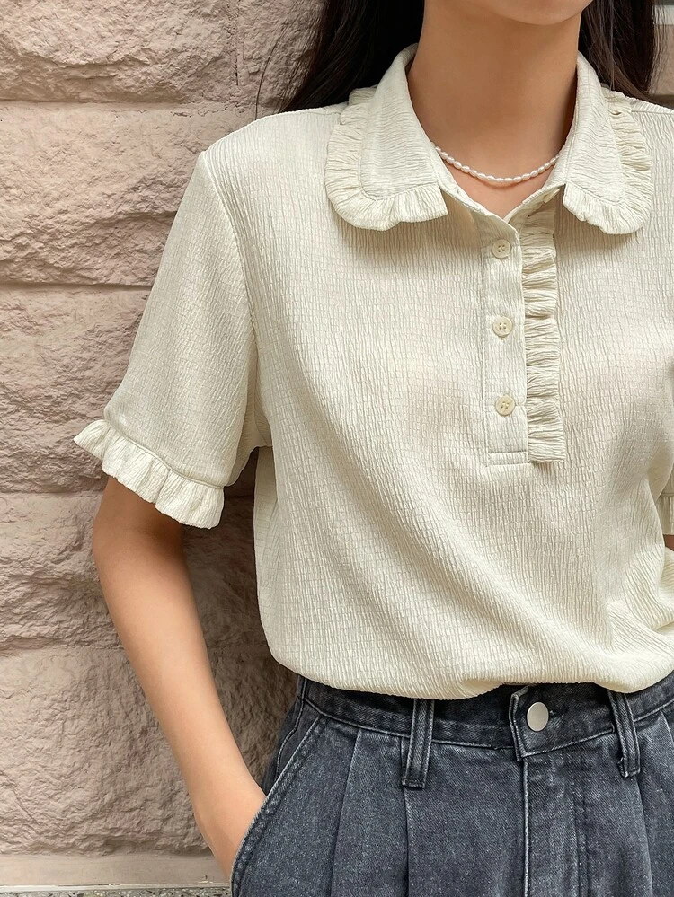 Frill Trim Half Button Placket Tee