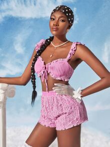 SHEINNeu Contrast Lace Frill Trim Knot Front Top & Shorts - Baby Pink - View 4