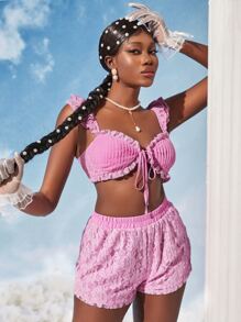SHEINNeu Contrast Lace Frill Trim Knot Front Top & Shorts - Baby Pink - View 1