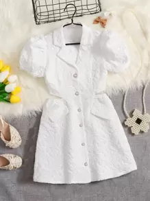 SHEIN 女孩提花前紐扣西裝領泡泡袖翻蓋細節連衣裙 - 白色 - 查看 1