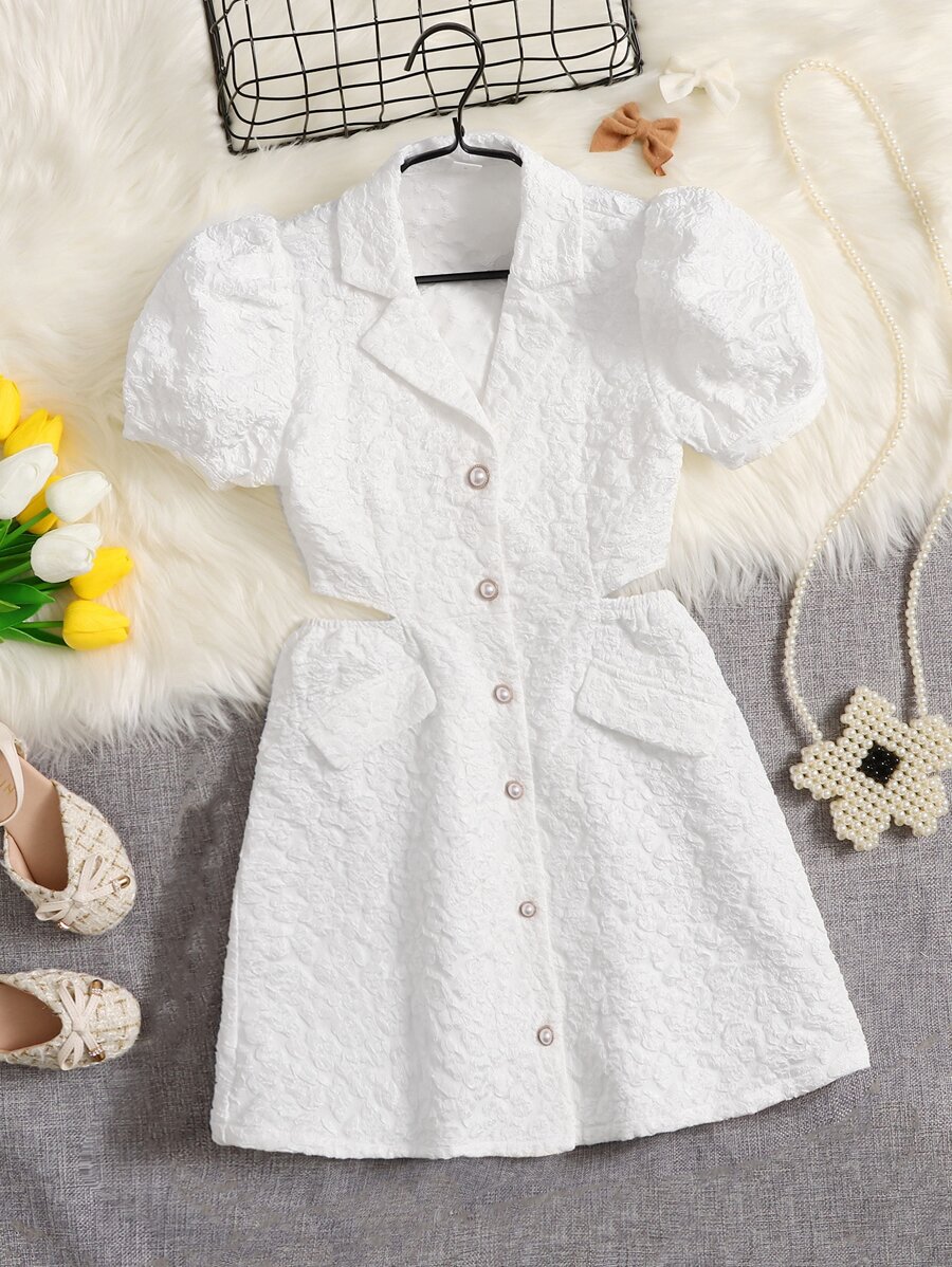SHEIN 女孩提花前紐扣西裝領泡泡袖翻蓋細節連衣裙 - 白色 - 查看 1