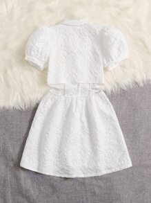 SHEIN 女孩提花前紐扣西裝領泡泡袖翻蓋細節連衣裙 - 白色 - 查看 2