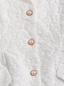 SHEIN 女孩提花前紐扣西裝領泡泡袖翻蓋細節連衣裙 - 白色 - 查看 3