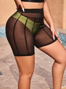 See Through Mesh Cycling Shorts Without Panty - Black - View 3
