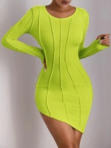 SHEIN SXY Seam Detail Asymmetrical Hem Bodycon Dress - Lime Green - View 1