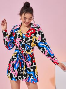 Elisa Arienti Allover Print Drop Shoulder Belted Dress - Multicolor - View 1