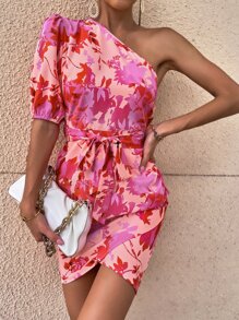 SHEIN Essnce Floral Print Belted One Shoulder Dress - Multicolor - View 1